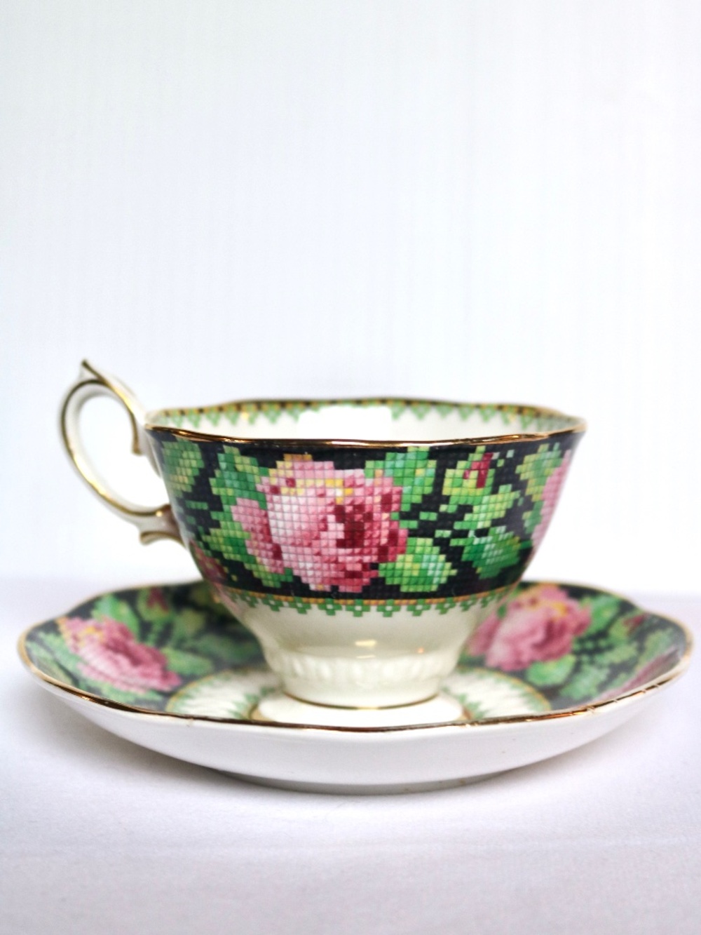 Royal Albert Needle Work Pattern Bone China Tea Cup Saucer Pink Green Pixel